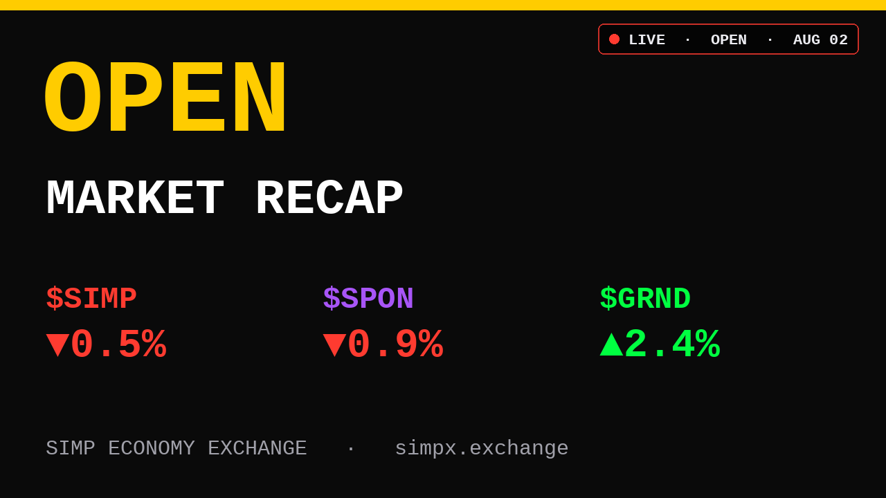 Simp Economy Exchange — Open Market Recap · Aug 02, 2026